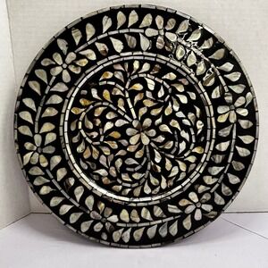 Vtg Pier 1 Imports Mother of Pearl Inlay Floral Decor Charger Plate Black 14"